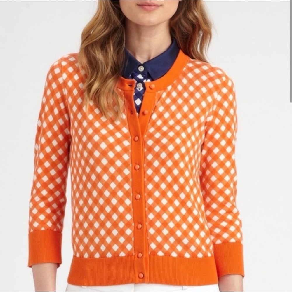 Kate Spade Orange White Gingham Check Cardigan Button Front Sweater